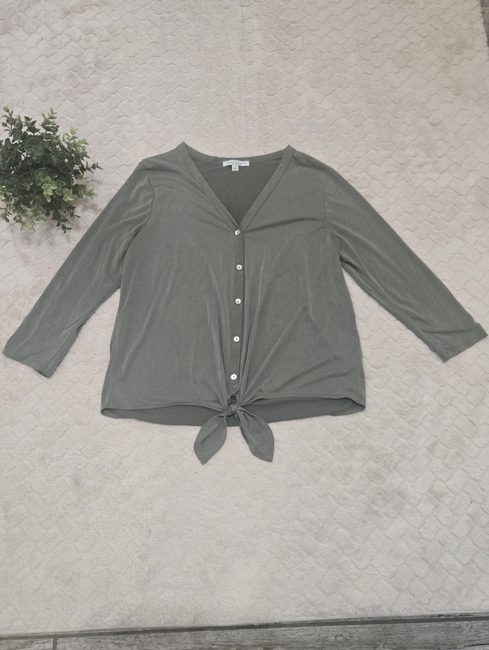 Green Envelope Olive Green Button-Front Tie-Front Blouse, Size Large
